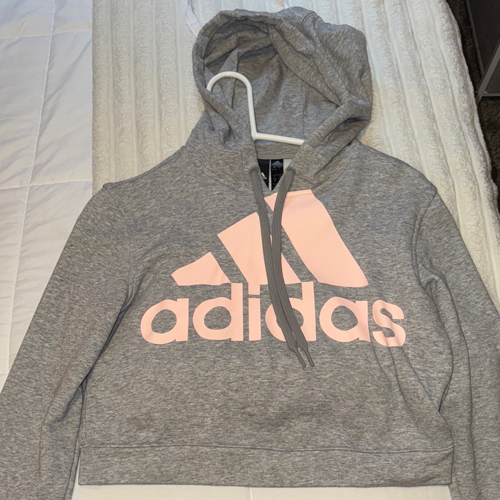 Adidas Heather Gray Hoodie with Soft Pink Logo